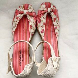 Eric Michael Pink/White Floral Espadrille Peep Toe Wedge Made In Spain Size 41